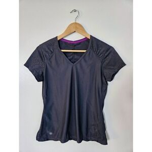 Athleta Essence V-Neck Tee Black Short Sleeve Eyelet Laser Cut Detail Active S